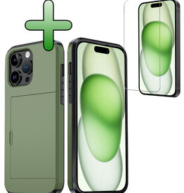BASEY. BASEY. iPhone 15 Pro Hoesje Pashouder Hard Met Screenprotector - Donker Groen