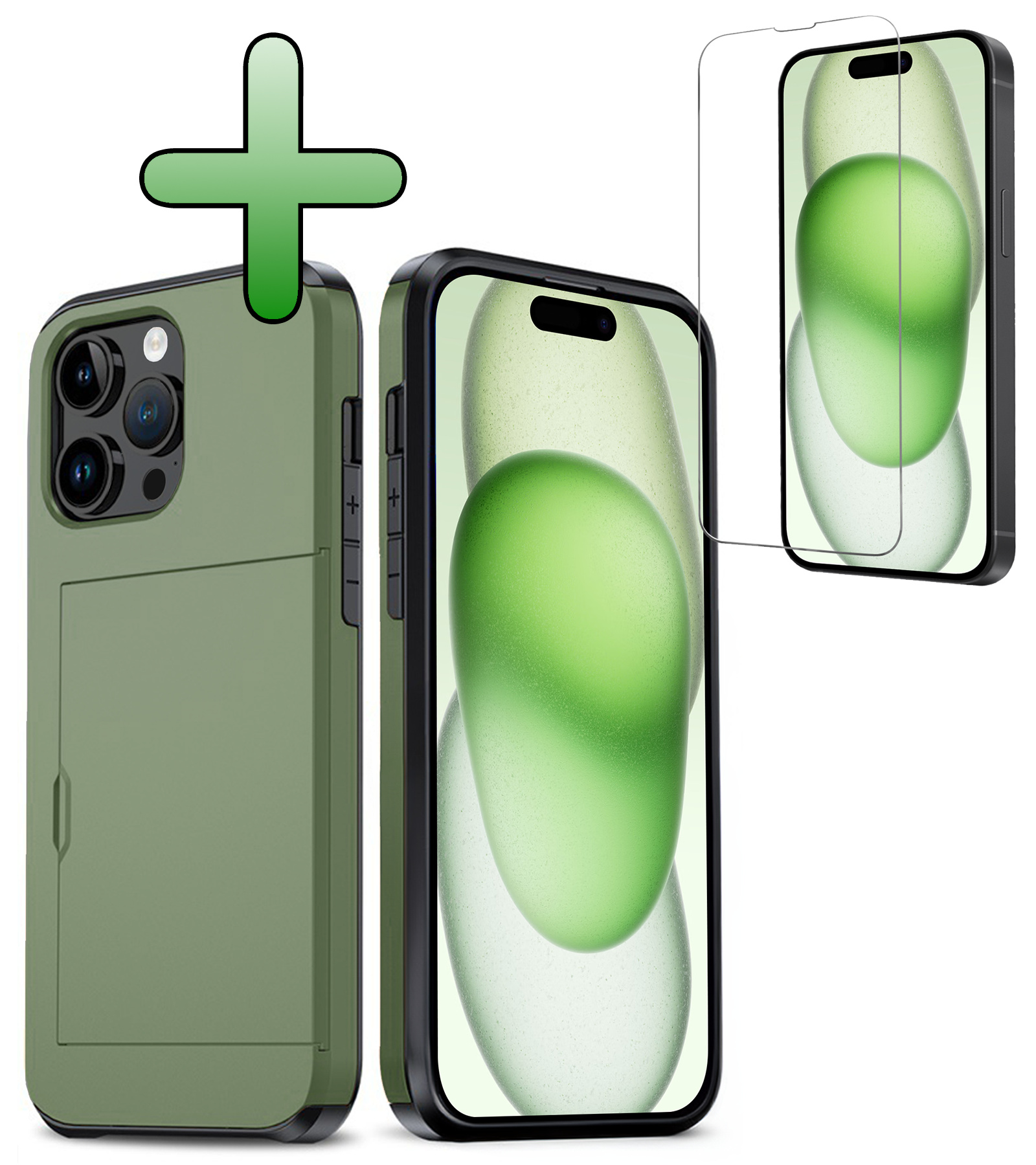 BASEY. Hoes Geschikt voor iPhone 15 Pro Hoesje Hard Case Met Pas Houder Met Screenprotector - Hoesje Geschikt voor iPhone 15 Pro Hoes Shockproof Hard Cover Met Kaarthouder - Donker Groen
