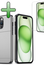 BASEY. Hoes Geschikt voor iPhone 15 Pro Hoesje Hard Case Met Pas Houder Met Screenprotector - Hoesje Geschikt voor iPhone 15 Pro Hoes Shockproof Hard Cover Met Kaarthouder - Grijs
