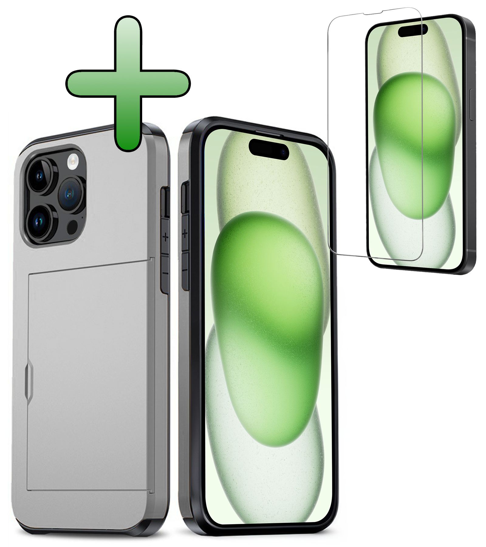 BASEY. Hoes Geschikt voor iPhone 15 Pro Hoesje Hard Case Met Pas Houder Met Screenprotector - Hoesje Geschikt voor iPhone 15 Pro Hoes Shockproof Hard Cover Met Kaarthouder - Grijs