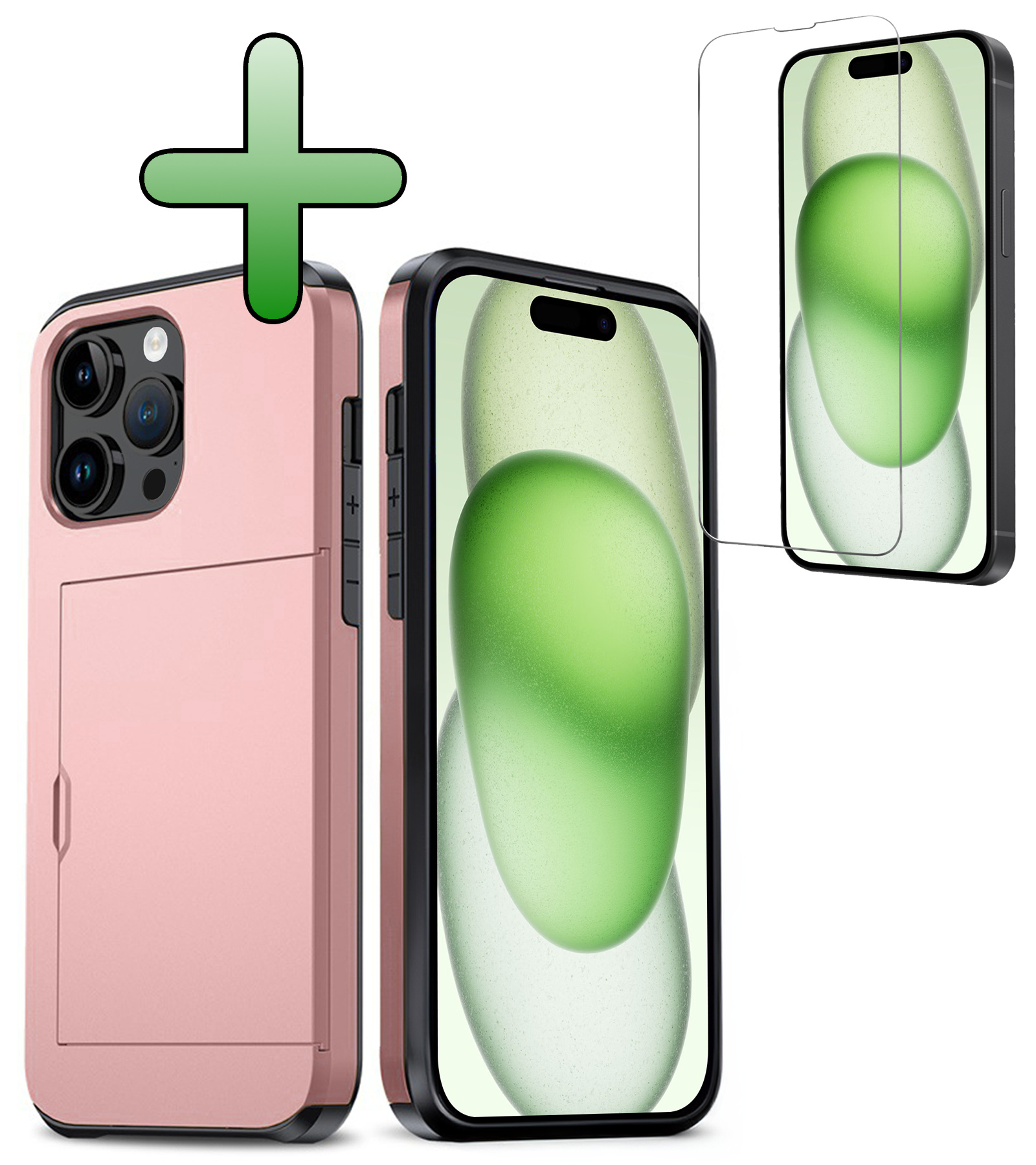 BASEY. Hoes Geschikt voor iPhone 15 Pro Hoesje Hard Case Met Pas Houder Met Screenprotector - Hoesje Geschikt voor iPhone 15 Pro Hoes Shockproof Hard Cover Met Kaarthouder - Rosé Goud
