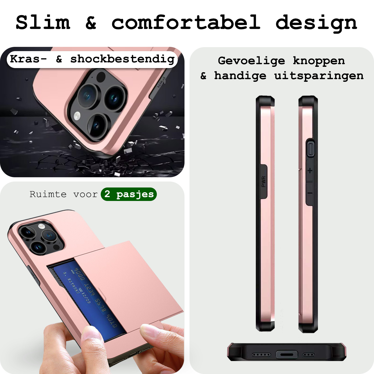 BASEY. Hoes Geschikt voor iPhone 15 Pro Hoesje Hard Case Met Pas Houder Met Screenprotector - Hoesje Geschikt voor iPhone 15 Pro Hoes Shockproof Hard Cover Met Kaarthouder - Rosé Goud