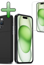 BASEY. Hoes Geschikt voor iPhone 15 Pro Hoesje Hard Case Met Pas Houder Met Screenprotector - Hoesje Geschikt voor iPhone 15 Pro Hoes Shockproof Hard Cover Met Kaarthouder - Zwart