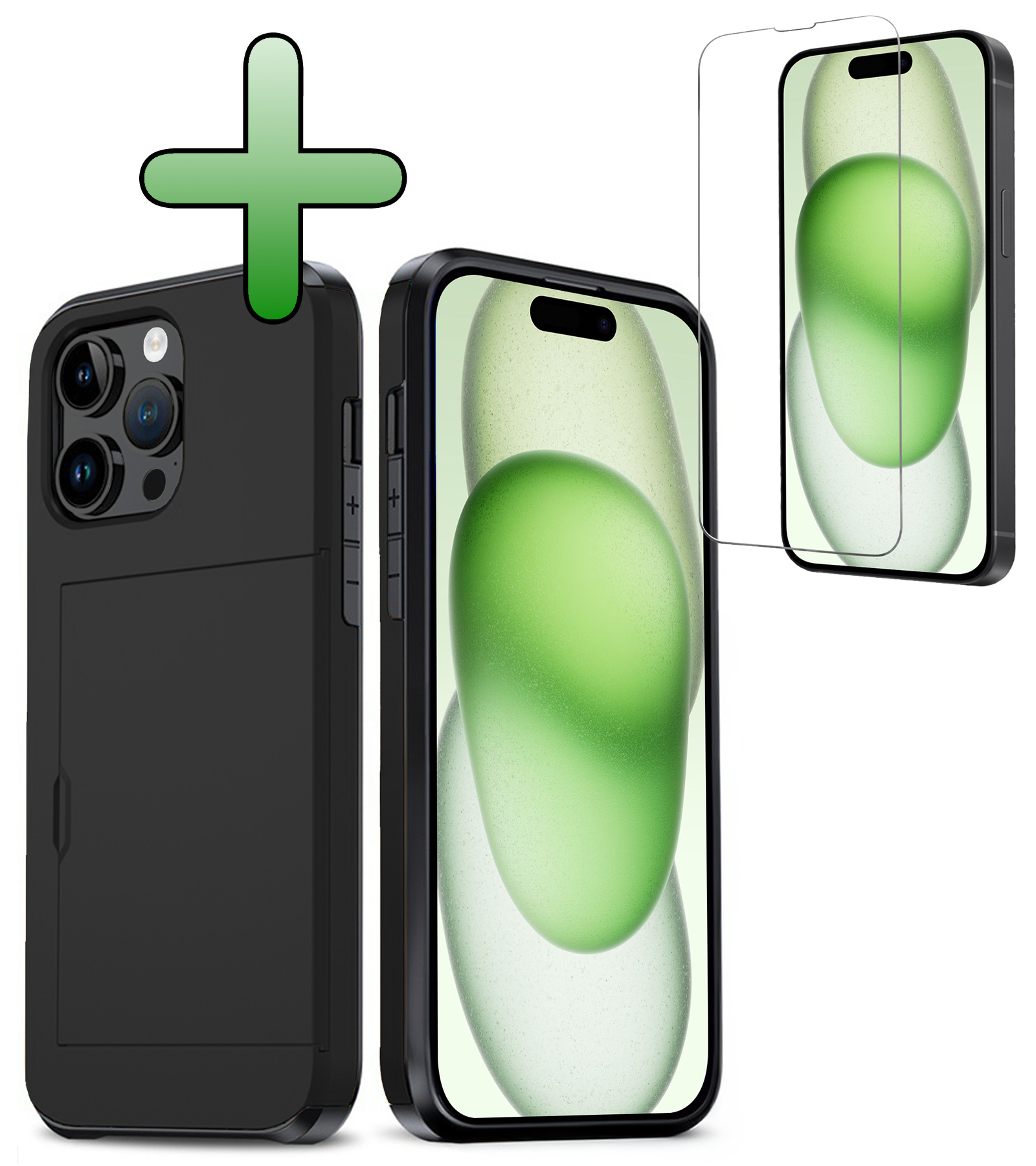 BASEY. Hoes Geschikt voor iPhone 15 Pro Hoesje Hard Case Met Pas Houder Met Screenprotector - Hoesje Geschikt voor iPhone 15 Pro Hoes Shockproof Hard Cover Met Kaarthouder - Zwart