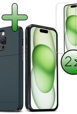 BASEY. Hoes Geschikt voor iPhone 15 Pro Hoesje Hard Case Met Pas Houder Met 2x Screenprotector - Hoesje Geschikt voor iPhone 15 Pro Hoes Shockproof Hard Cover Met Kaarthouder - Donker Blauw