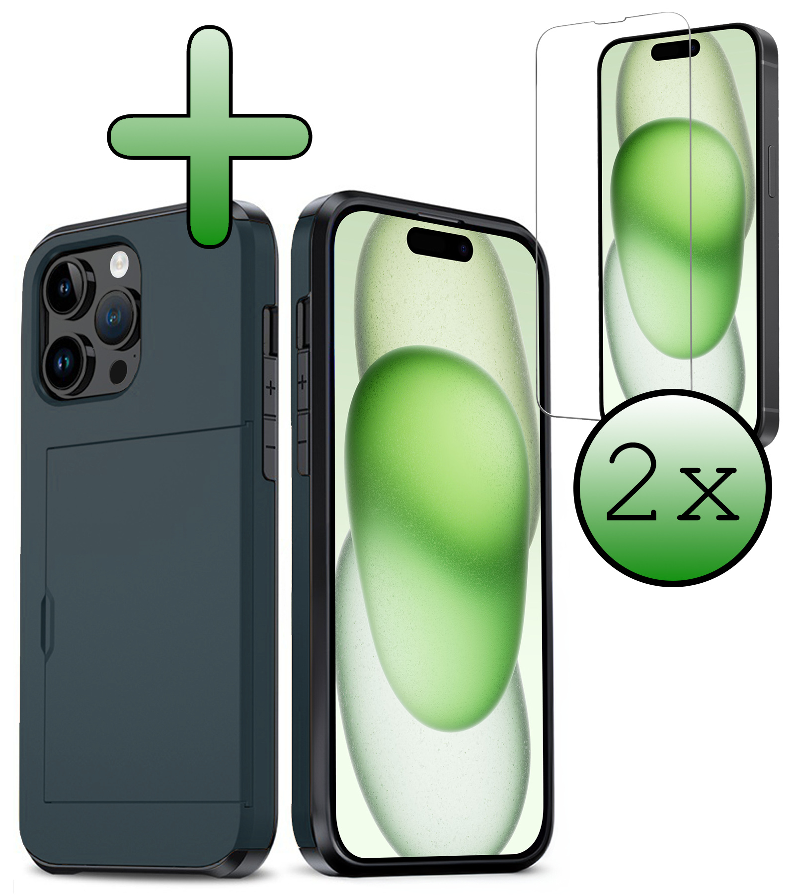 BASEY. Hoes Geschikt voor iPhone 15 Pro Hoesje Hard Case Met Pas Houder Met 2x Screenprotector - Hoesje Geschikt voor iPhone 15 Pro Hoes Shockproof Hard Cover Met Kaarthouder - Donker Blauw
