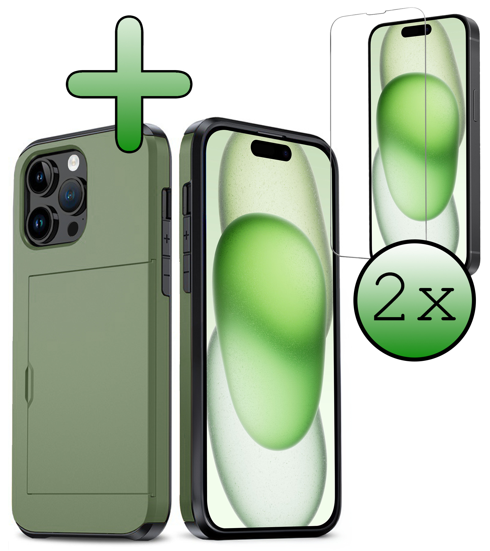 BASEY. Hoes Geschikt voor iPhone 15 Pro Hoesje Hard Case Met Pas Houder Met 2x Screenprotector - Hoesje Geschikt voor iPhone 15 Pro Hoes Shockproof Hard Cover Met Kaarthouder - Donker Groen