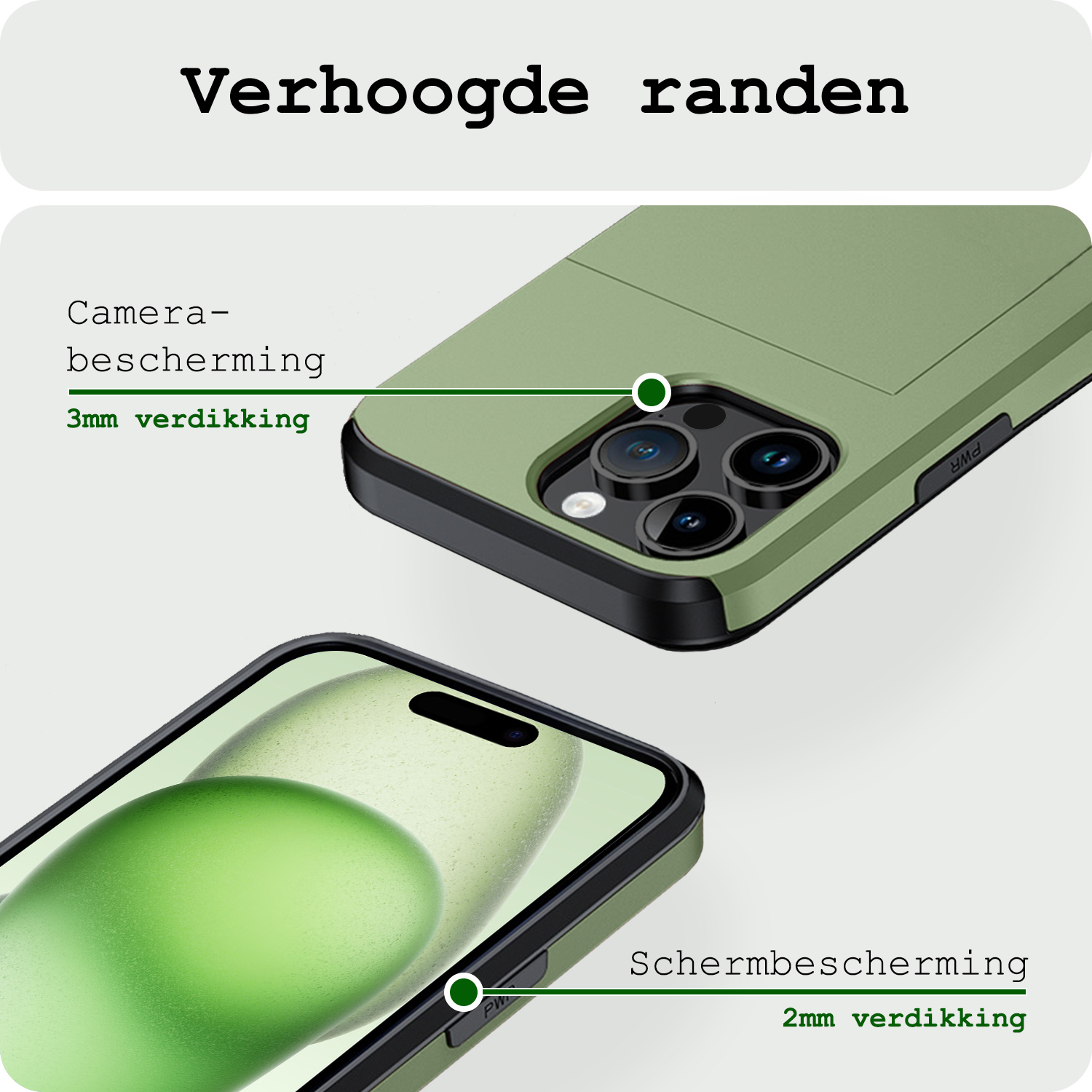 BASEY. Hoes Geschikt voor iPhone 15 Pro Hoesje Hard Case Met Pas Houder Met 2x Screenprotector - Hoesje Geschikt voor iPhone 15 Pro Hoes Shockproof Hard Cover Met Kaarthouder - Donker Groen