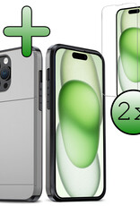 BASEY. Hoes Geschikt voor iPhone 15 Pro Hoesje Hard Case Met Pas Houder Met 2x Screenprotector - Hoesje Geschikt voor iPhone 15 Pro Hoes Shockproof Hard Cover Met Kaarthouder - Grijs