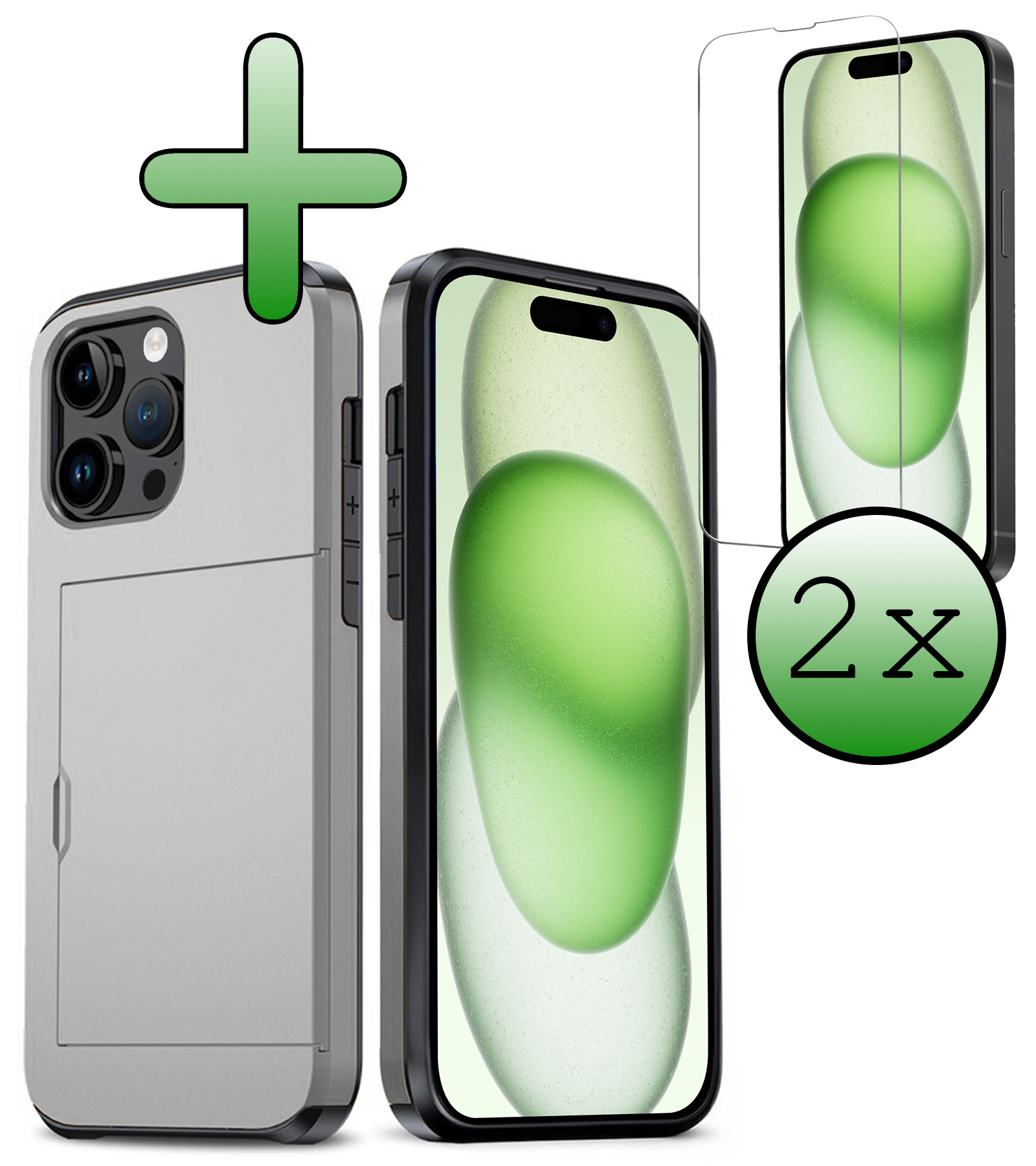 BASEY. Hoes Geschikt voor iPhone 15 Pro Hoesje Hard Case Met Pas Houder Met 2x Screenprotector - Hoesje Geschikt voor iPhone 15 Pro Hoes Shockproof Hard Cover Met Kaarthouder - Grijs