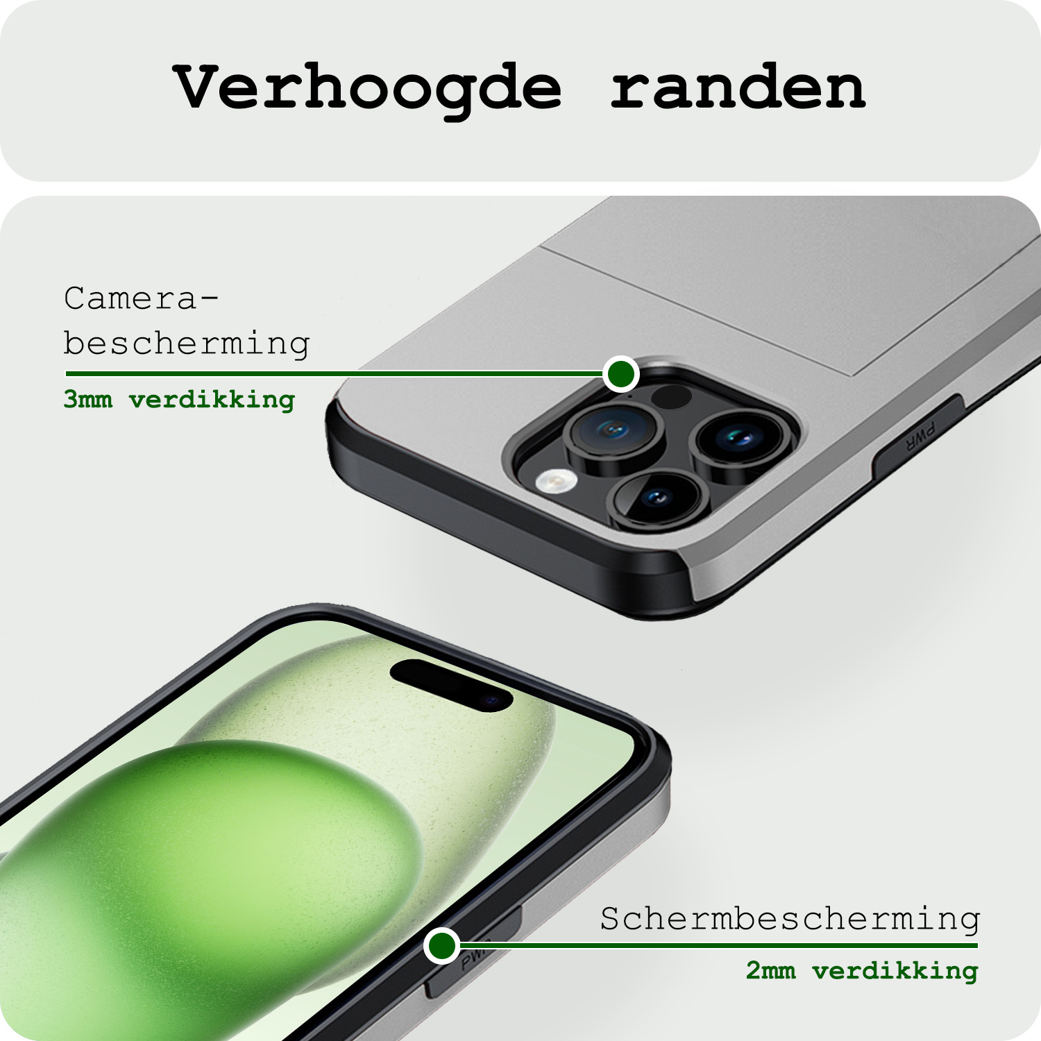 BASEY. Hoes Geschikt voor iPhone 15 Pro Hoesje Hard Case Met Pas Houder Met 2x Screenprotector - Hoesje Geschikt voor iPhone 15 Pro Hoes Shockproof Hard Cover Met Kaarthouder - Grijs