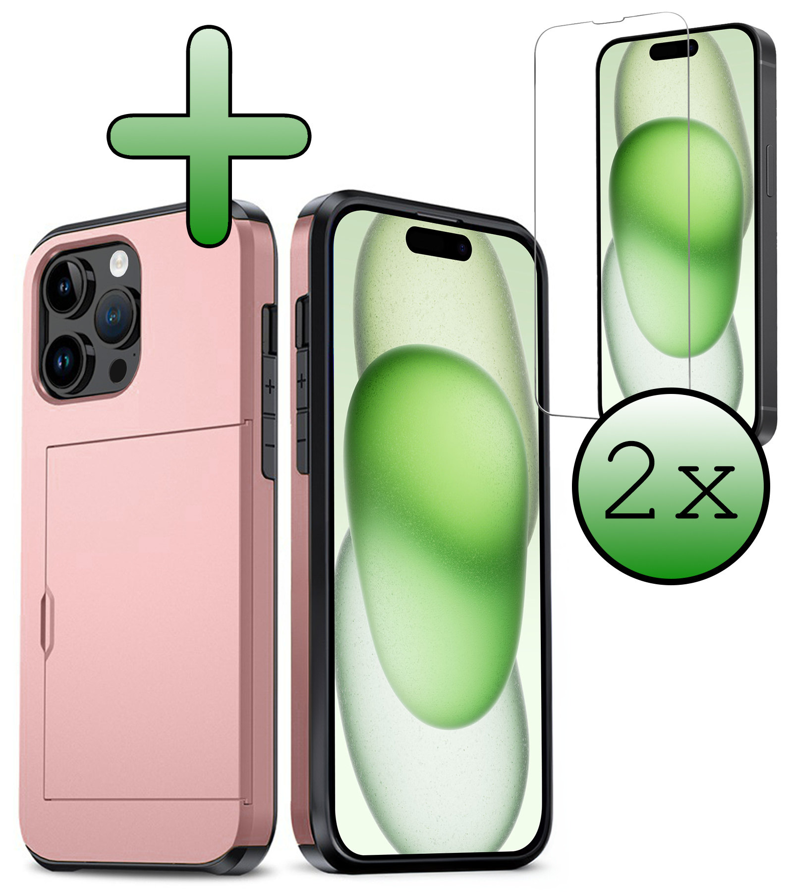 BASEY. Hoes Geschikt voor iPhone 15 Pro Hoesje Hard Case Met Pas Houder Met 2x Screenprotector - Hoesje Geschikt voor iPhone 15 Pro Hoes Shockproof Hard Cover Met Kaarthouder - Rosé Goud