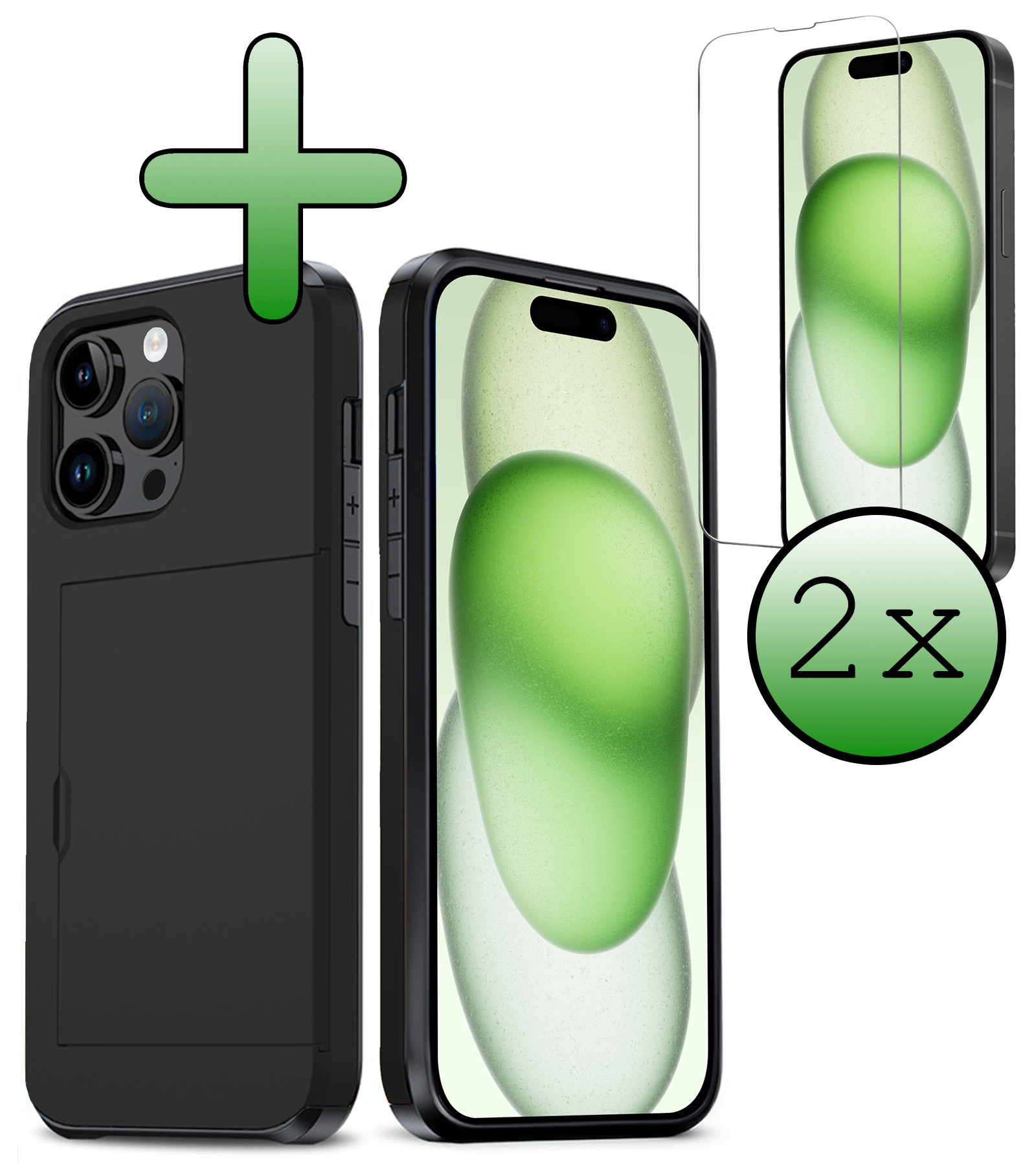 BASEY. Hoes Geschikt voor iPhone 15 Pro Hoesje Hard Case Met Pas Houder Met 2x Screenprotector - Hoesje Geschikt voor iPhone 15 Pro Hoes Shockproof Hard Cover Met Kaarthouder - Zwart