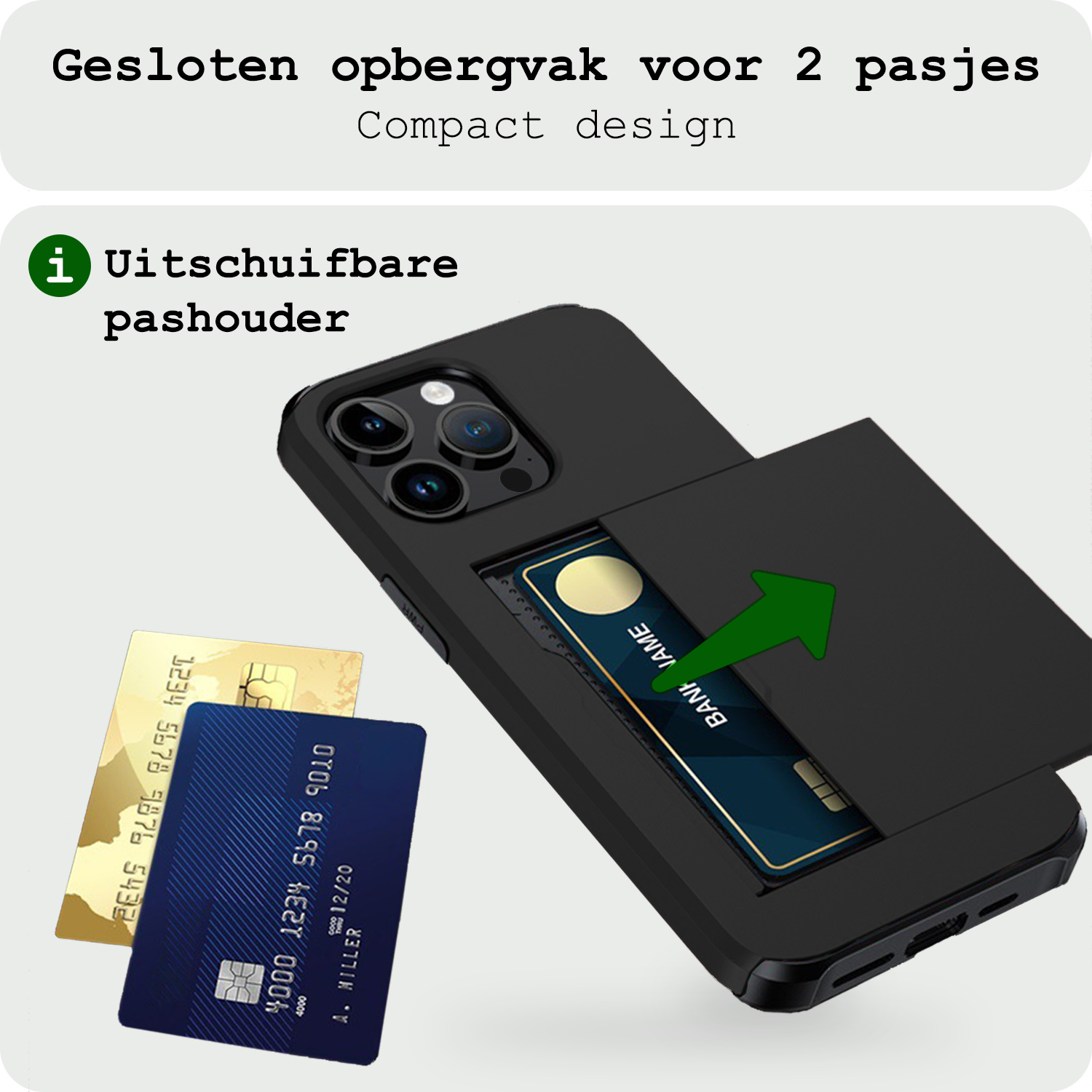 BASEY. Hoes Geschikt voor iPhone 15 Pro Hoesje Hard Case Met Pas Houder Met 2x Screenprotector - Hoesje Geschikt voor iPhone 15 Pro Hoes Shockproof Hard Cover Met Kaarthouder - Zwart