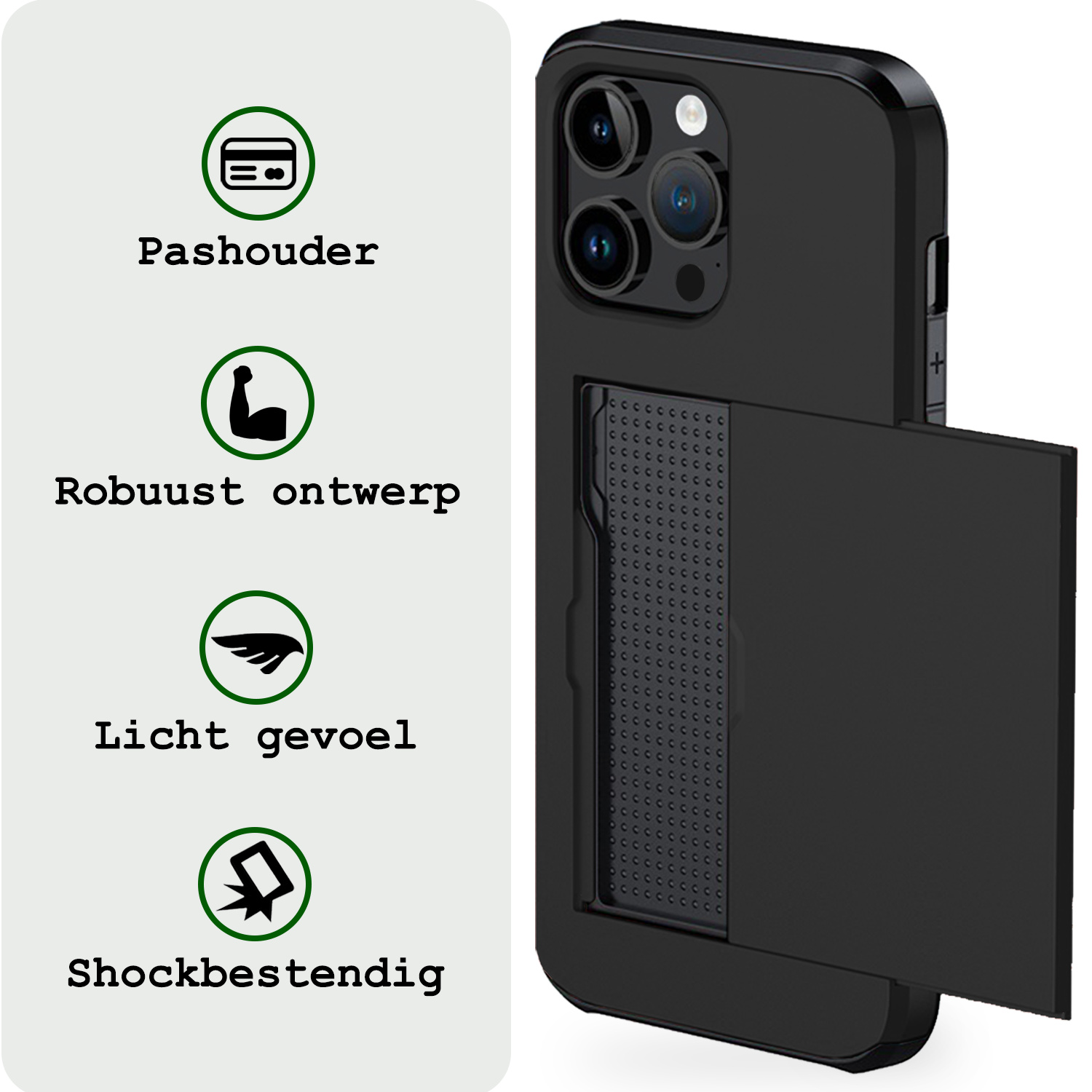 BASEY. Hoes Geschikt voor iPhone 15 Pro Hoesje Hard Case Met Pas Houder Met 2x Screenprotector - Hoesje Geschikt voor iPhone 15 Pro Hoes Shockproof Hard Cover Met Kaarthouder - Zwart