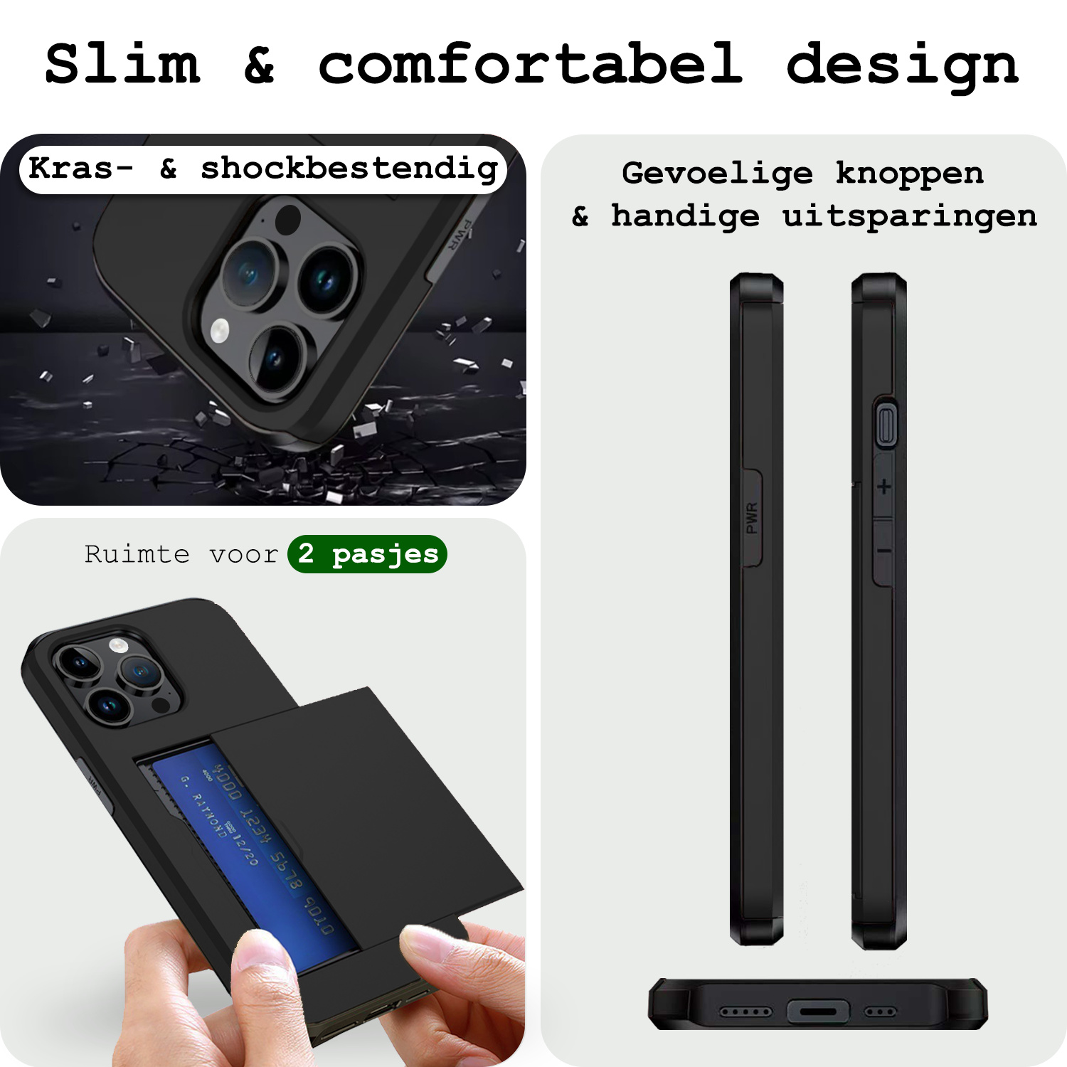 BASEY. Hoes Geschikt voor iPhone 15 Pro Hoesje Hard Case Met Pas Houder Met 2x Screenprotector - Hoesje Geschikt voor iPhone 15 Pro Hoes Shockproof Hard Cover Met Kaarthouder - Zwart