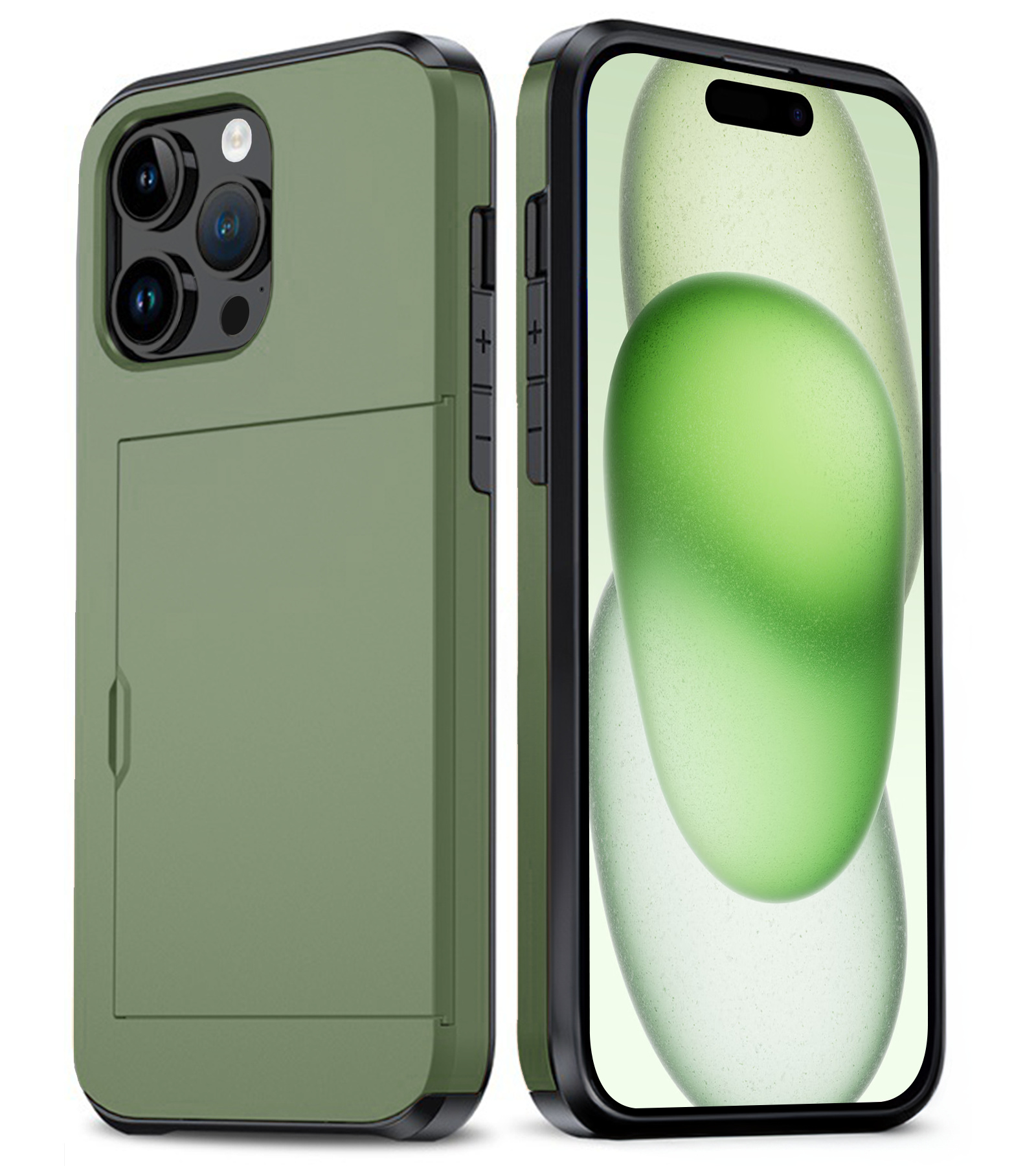 BASEY. Hoes Geschikt voor iPhone 15 Pro Max Hoesje Hard Case Met Pas Houder - Hoesje Geschikt voor iPhone 15 Pro Max Hoes Shockproof Hard Cover Met Kaarthouder - Donker Groen