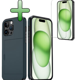 BASEY. BASEY. iPhone 15 Pro Max Hoesje Pashouder Hard Met Screenprotector - Donker Blauw