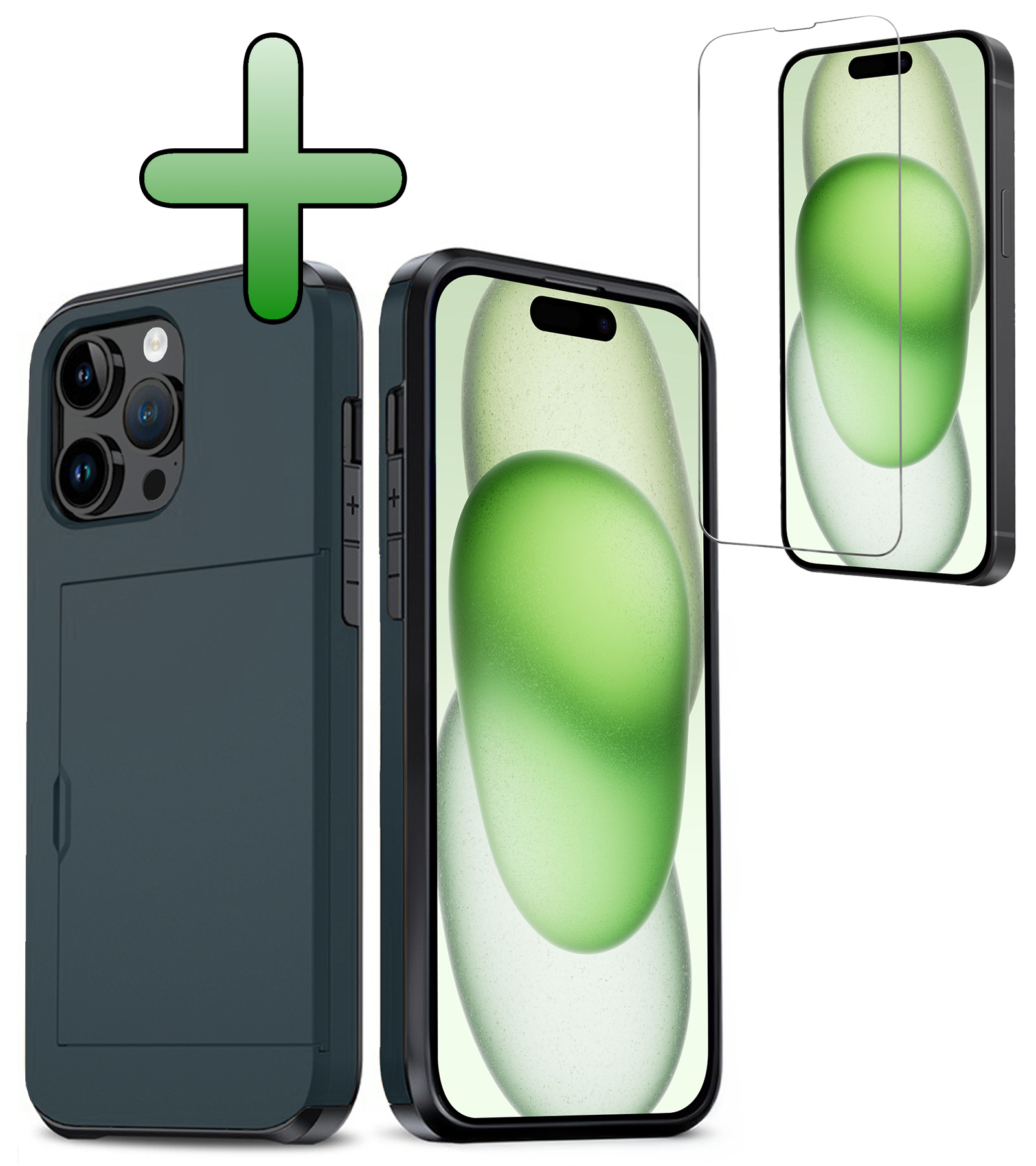 BASEY. Hoes Geschikt voor iPhone 15 Pro Max Hoesje Hard Case Met Pas Houder Met Screenprotector - Hoesje Geschikt voor iPhone 15 Pro Max Hoes Shockproof Hard Cover Met Kaarthouder - Donker Blauw