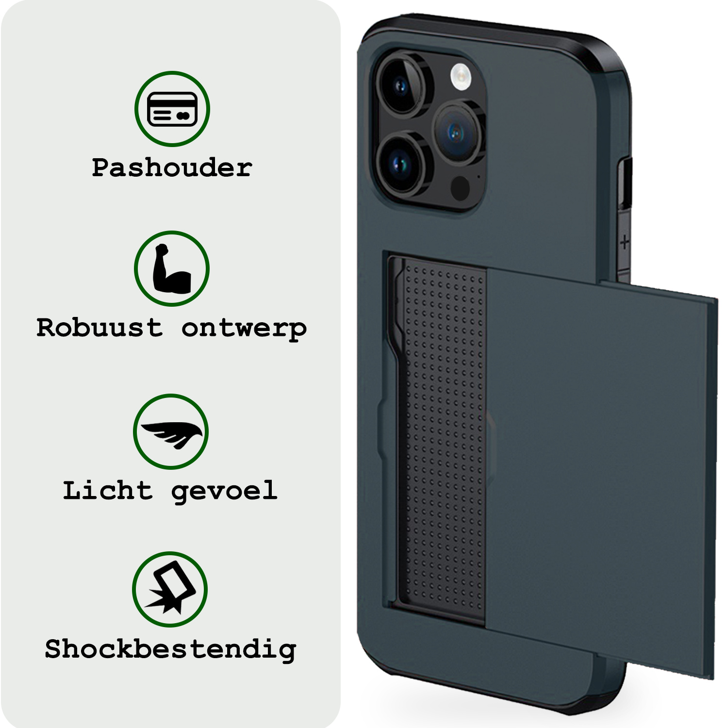 BASEY. Hoes Geschikt voor iPhone 15 Pro Max Hoesje Hard Case Met Pas Houder Met 2x Screenprotector - Hoesje Geschikt voor iPhone 15 Pro Max Hoes Shockproof Hard Cover Met Kaarthouder - Donker Blauw