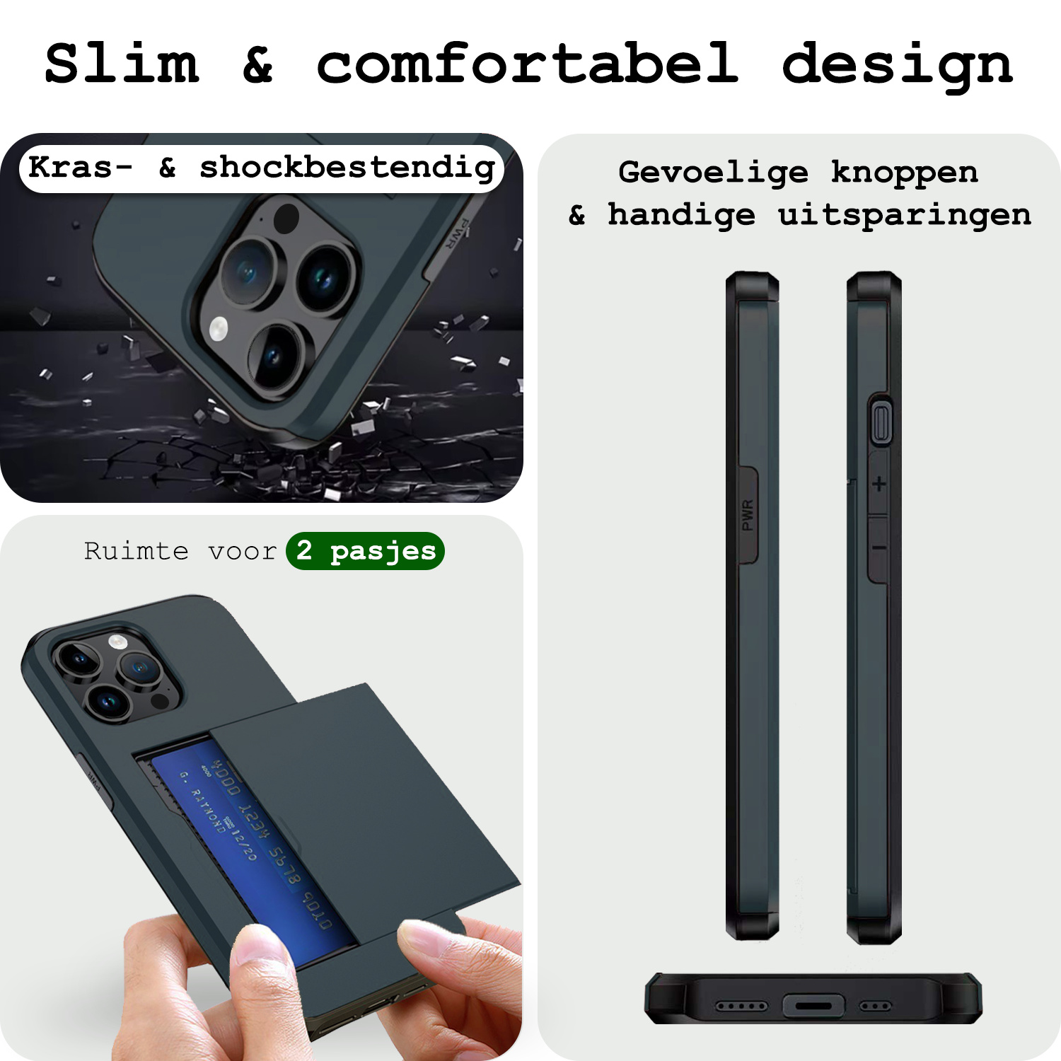 BASEY. Hoes Geschikt voor iPhone 15 Pro Max Hoesje Hard Case Met Pas Houder Met 2x Screenprotector - Hoesje Geschikt voor iPhone 15 Pro Max Hoes Shockproof Hard Cover Met Kaarthouder - Donker Blauw