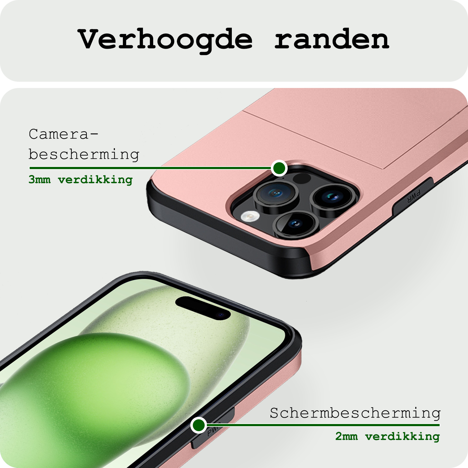 BASEY. Hoes Geschikt voor iPhone 15 Pro Max Hoesje Hard Case Met Pas Houder Met 2x Screenprotector - Hoesje Geschikt voor iPhone 15 Pro Max Hoes Shockproof Hard Cover Met Kaarthouder - Rosé Goud