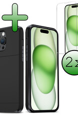 BASEY. Hoes Geschikt voor iPhone 15 Pro Max Hoesje Hard Case Met Pas Houder Met 2x Screenprotector - Hoesje Geschikt voor iPhone 15 Pro Max Hoes Shockproof Hard Cover Met Kaarthouder - Zwart