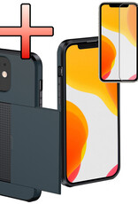 NoXx Hoes Geschikt voor iPhone 11 Hoesje Pasjeshouder Hard Cover Met Screenprotector Shock Proof Hard Case Hoes Met Kaarthouder - Donker Blauw