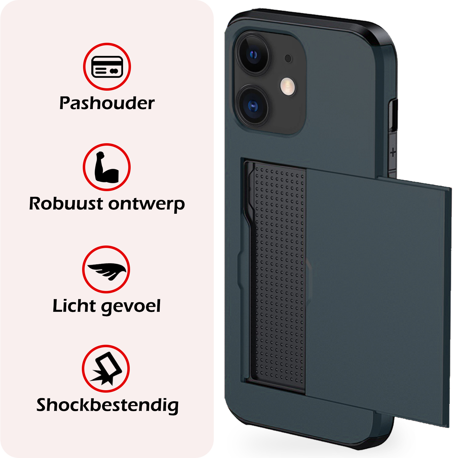NoXx Hoes Geschikt voor iPhone 11 Hoesje Pasjeshouder Hard Cover Met Screenprotector Shock Proof Hard Case Hoes Met Kaarthouder - Donker Blauw
