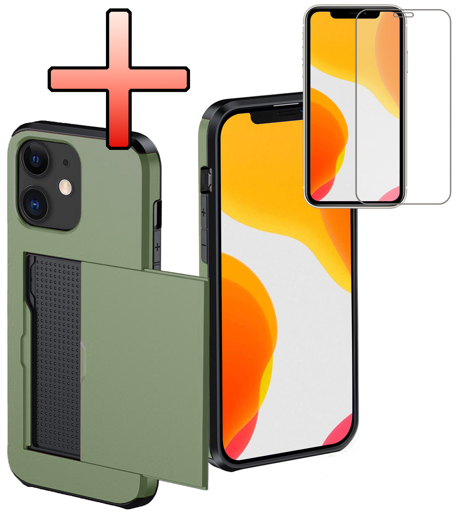 NoXx Hoes Geschikt voor iPhone 11 Hoesje Pasjeshouder Hard Cover Met Screenprotector Shock Proof Hard Case Hoes Met Kaarthouder - Donker Groen