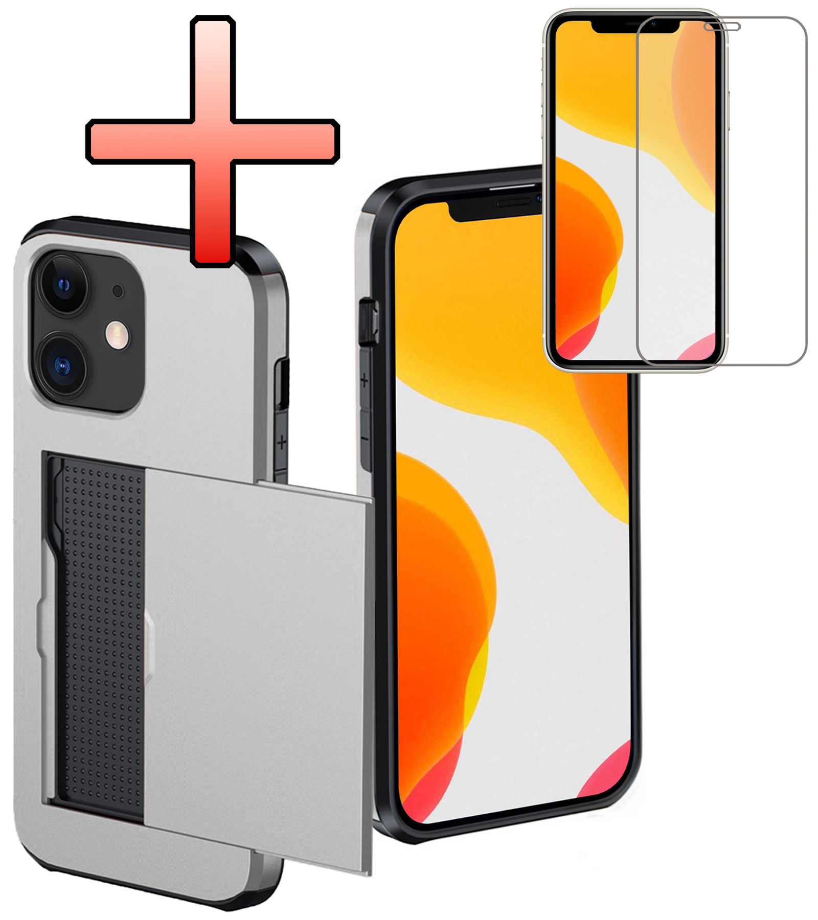 NoXx Hoes Geschikt voor iPhone 11 Hoesje Pasjeshouder Hard Cover Met Screenprotector Shock Proof Hard Case Hoes Met Kaarthouder - Grijs