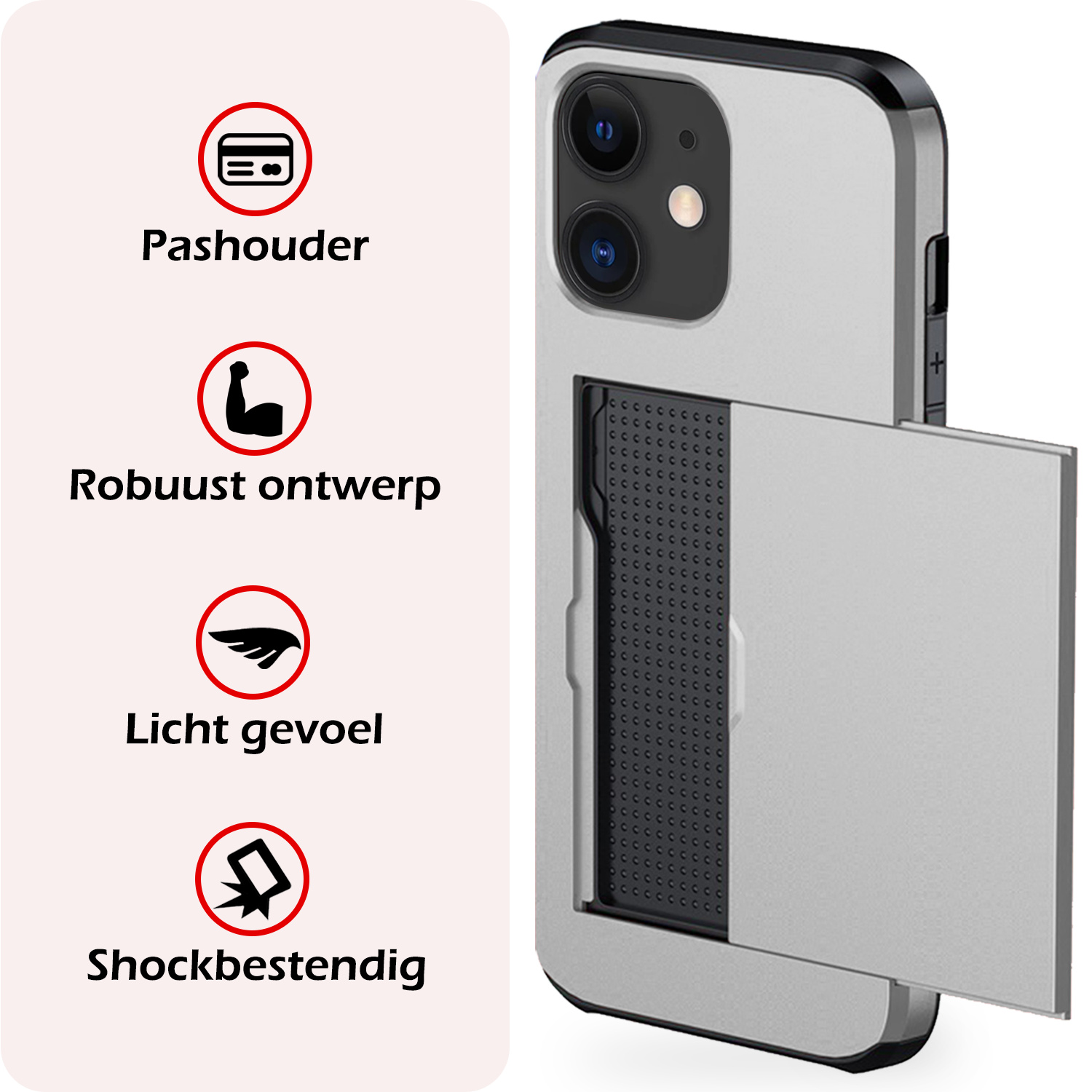 NoXx Hoes Geschikt voor iPhone 11 Hoesje Pasjeshouder Hard Cover Met Screenprotector Shock Proof Hard Case Hoes Met Kaarthouder - Grijs