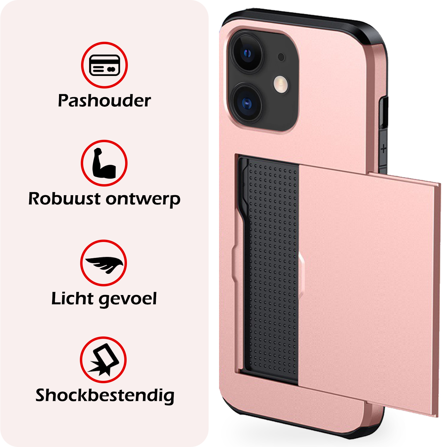 NoXx Hoes Geschikt voor iPhone 11 Hoesje Pasjeshouder Hard Cover Met Screenprotector Shock Proof Hard Case Hoes Met Kaarthouder - Rosé Goud