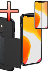 NoXx Hoes Geschikt voor iPhone 11 Hoesje Pasjeshouder Hard Cover Met Screenprotector Shock Proof Hard Case Hoes Met Kaarthouder - Zwart