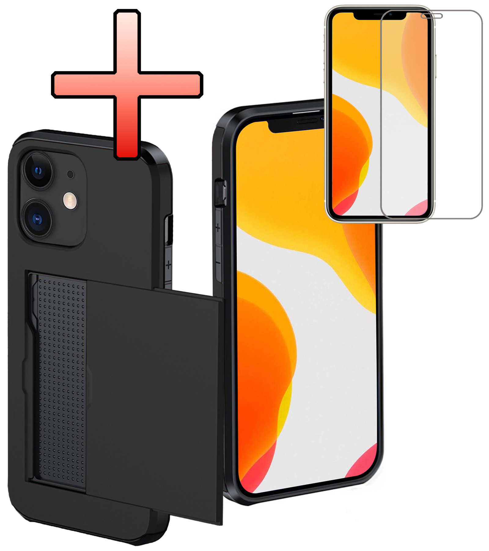 NoXx Hoes Geschikt voor iPhone 11 Hoesje Pasjeshouder Hard Cover Met Screenprotector Shock Proof Hard Case Hoes Met Kaarthouder - Zwart