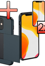 NoXx Hoes Geschikt voor iPhone 11 Hoesje Pasjeshouder Hard Cover Met 2x Screenprotector Shock Proof Hard Case Hoes Met Kaarthouder - Donker Blauw