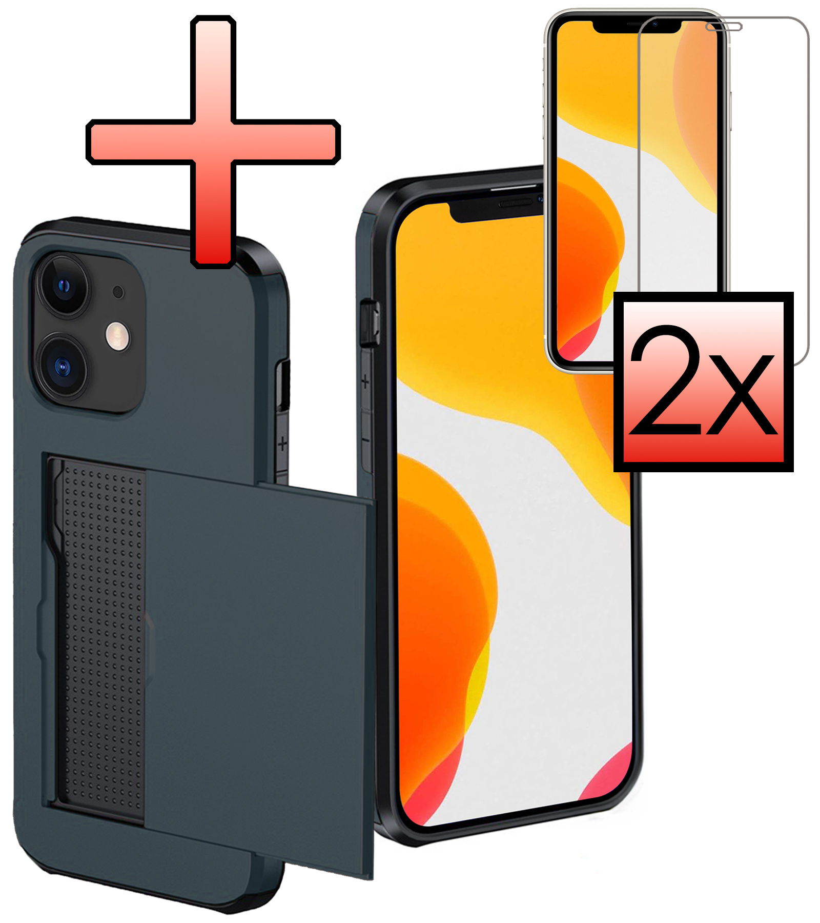 NoXx Hoes Geschikt voor iPhone 11 Hoesje Pasjeshouder Hard Cover Met 2x Screenprotector Shock Proof Hard Case Hoes Met Kaarthouder - Donker Blauw