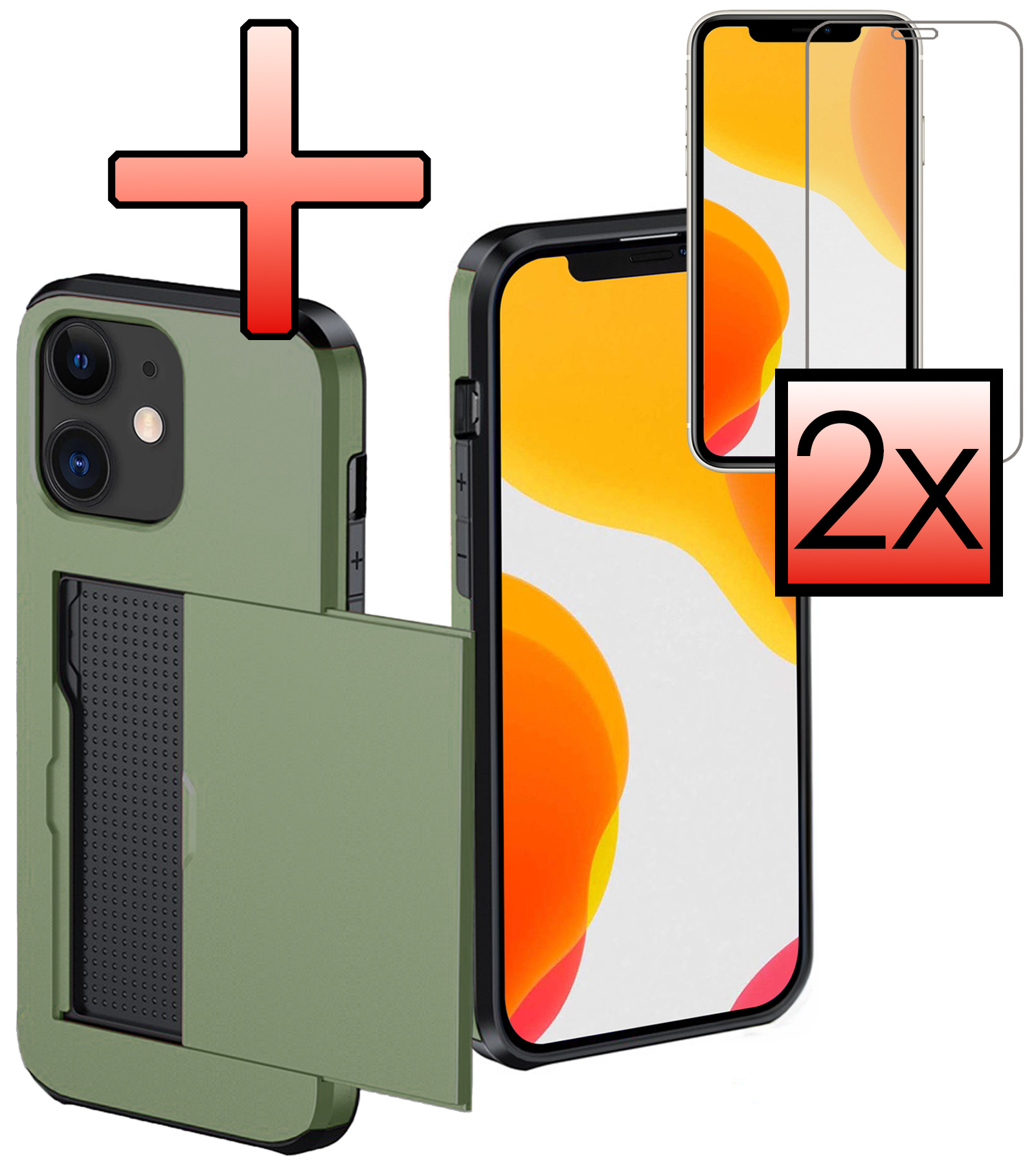 NoXx Hoes Geschikt voor iPhone 11 Hoesje Pasjeshouder Hard Cover Met 2x Screenprotector Shock Proof Hard Case Hoes Met Kaarthouder - Donker Groen