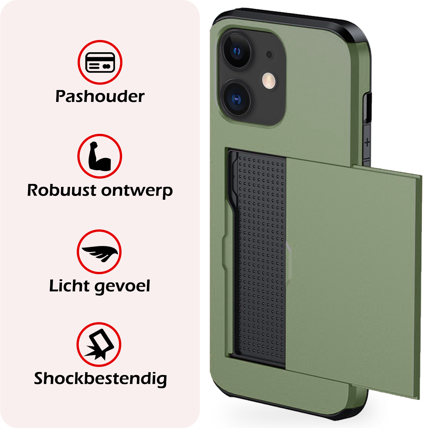 NoXx Hoes Geschikt voor iPhone 11 Hoesje Pasjeshouder Hard Cover Met 2x Screenprotector Shock Proof Hard Case Hoes Met Kaarthouder - Donker Groen