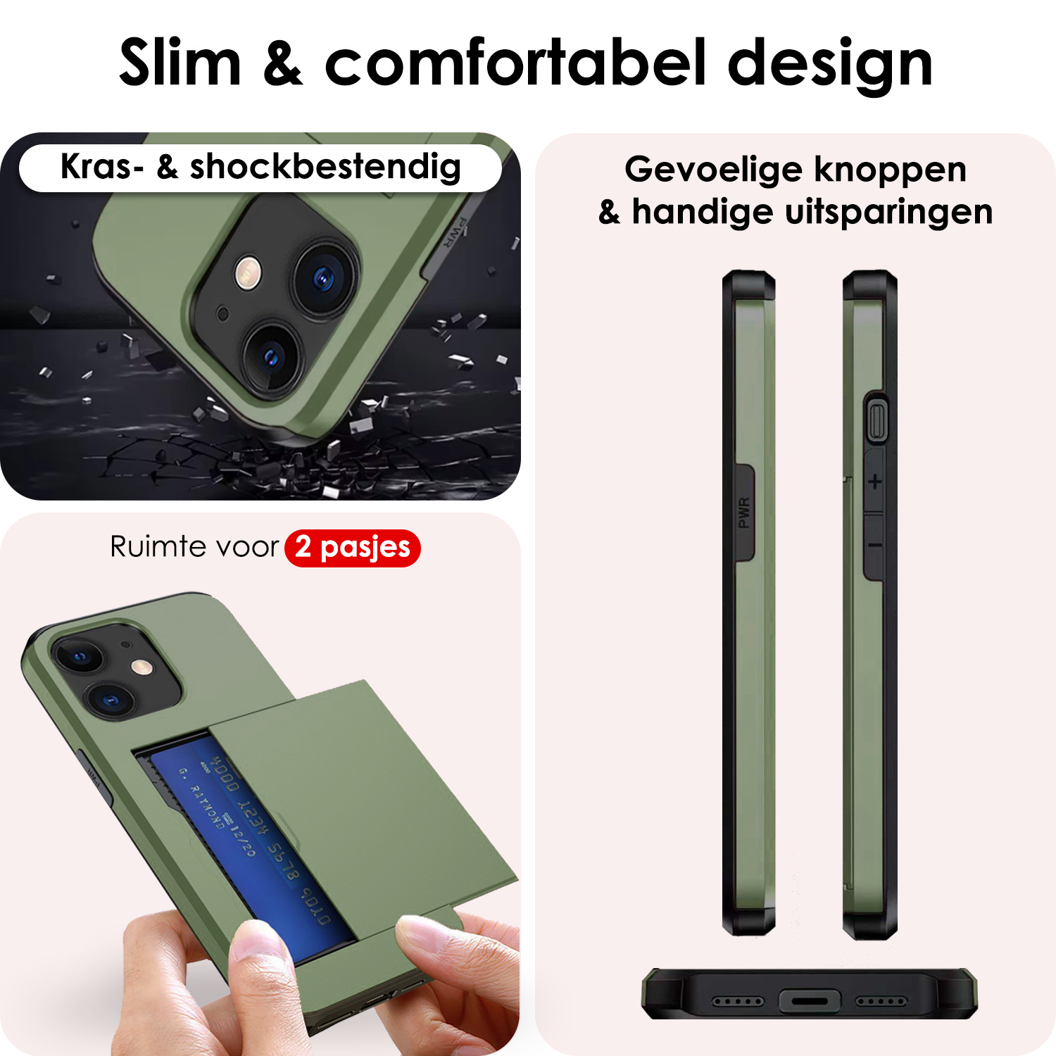 NoXx Hoes Geschikt voor iPhone 11 Hoesje Pasjeshouder Hard Cover Met 2x Screenprotector Shock Proof Hard Case Hoes Met Kaarthouder - Donker Groen