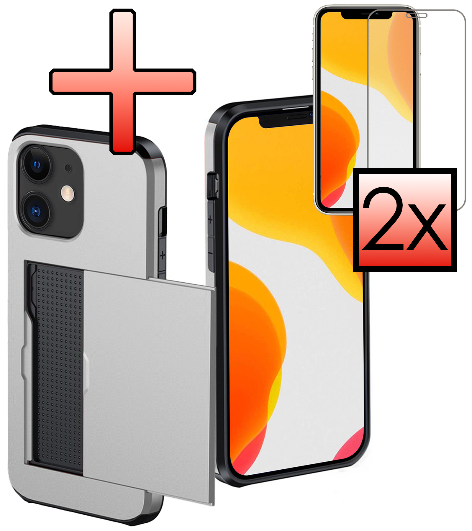 NoXx Hoes Geschikt voor iPhone 11 Hoesje Pasjeshouder Hard Cover Met 2x Screenprotector Shock Proof Hard Case Hoes Met Kaarthouder - Grijs