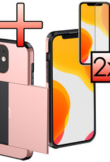NoXx Hoes Geschikt voor iPhone 11 Hoesje Pasjeshouder Hard Cover Met 2x Screenprotector Shock Proof Hard Case Hoes Met Kaarthouder - Rosé Goud