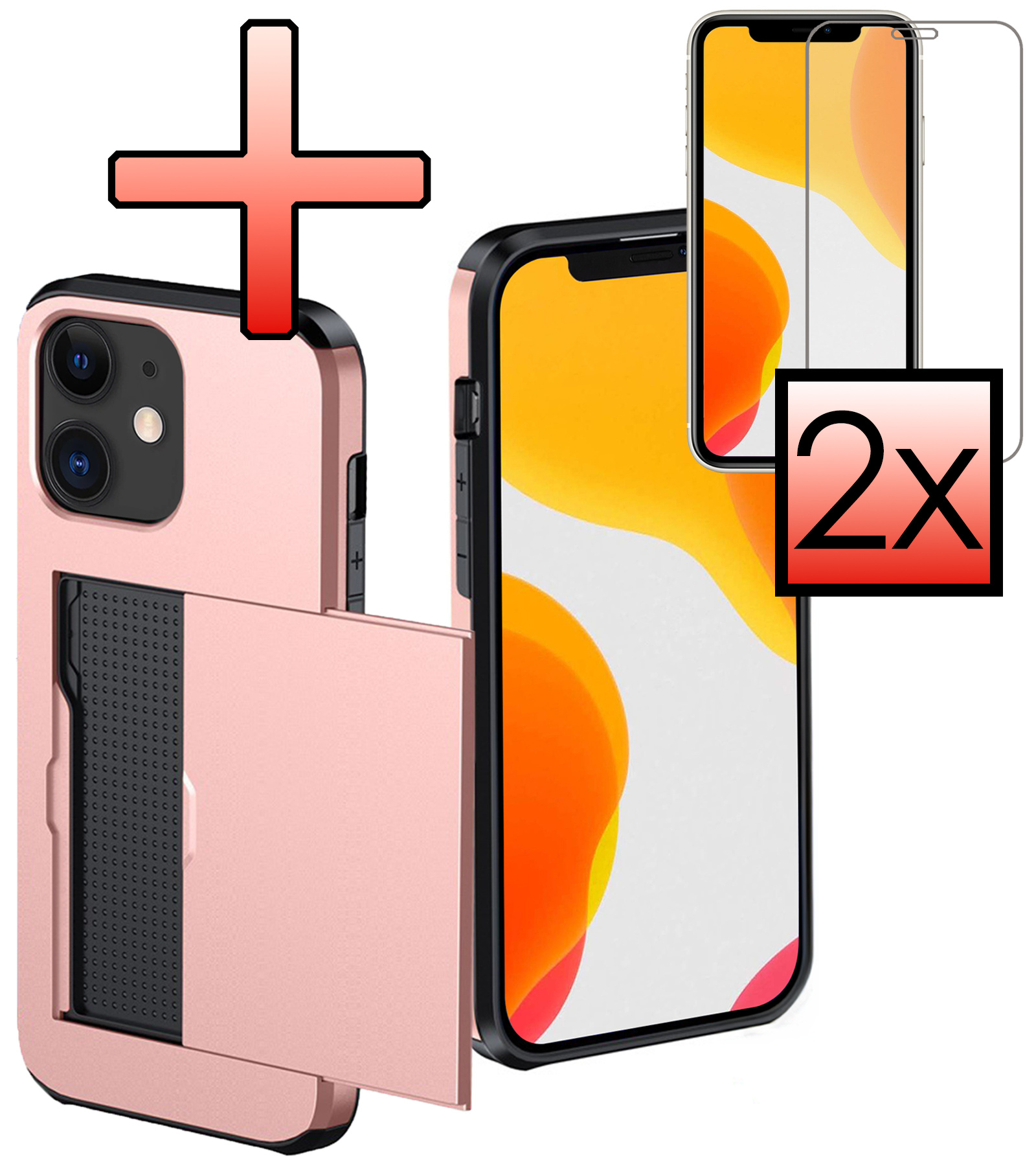 NoXx Hoes Geschikt voor iPhone 11 Hoesje Pasjeshouder Hard Cover Met 2x Screenprotector Shock Proof Hard Case Hoes Met Kaarthouder - Rosé Goud