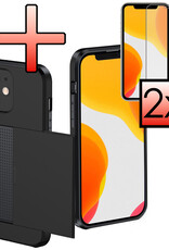 NoXx Hoes Geschikt voor iPhone 11 Hoesje Pasjeshouder Hard Cover Met 2x Screenprotector Shock Proof Hard Case Hoes Met Kaarthouder - Zwart