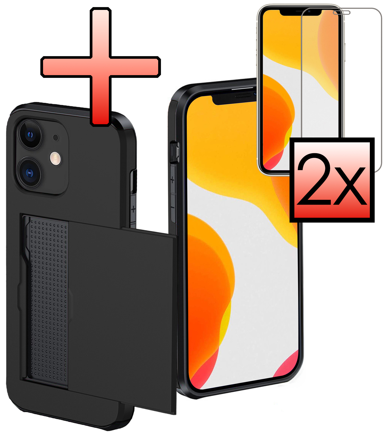 NoXx Hoes Geschikt voor iPhone 11 Hoesje Pasjeshouder Hard Cover Met 2x Screenprotector Shock Proof Hard Case Hoes Met Kaarthouder - Zwart