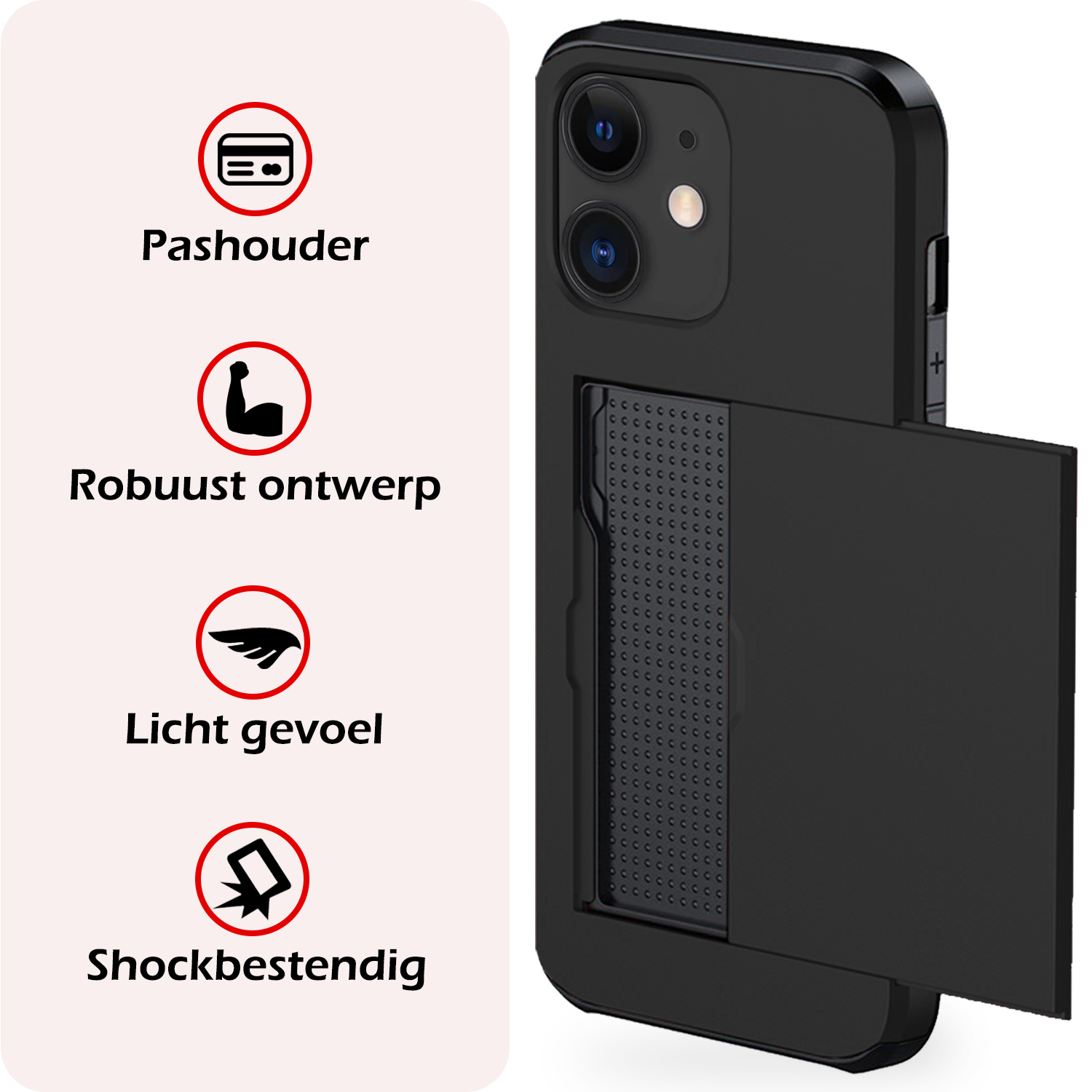 NoXx Hoes Geschikt voor iPhone 11 Hoesje Pasjeshouder Hard Cover Met 2x Screenprotector Shock Proof Hard Case Hoes Met Kaarthouder - Zwart