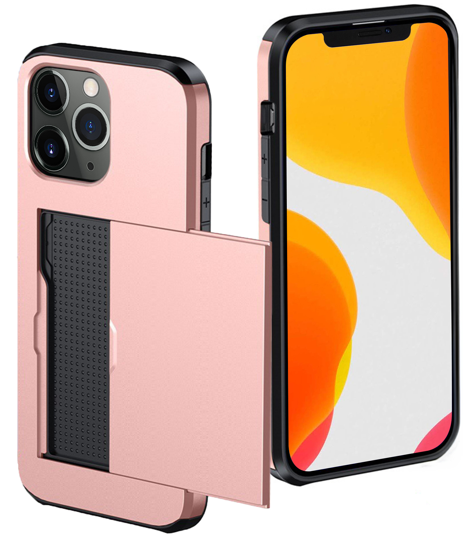 NoXx Hoes Geschikt voor iPhone 11 Pro Hoesje Pasjeshouder Hard Cover Shock Proof Hard Case Hoes Met Kaarthouder - Rosé Goud