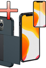 NoXx Hoes Geschikt voor iPhone 11 Pro Hoesje Pasjeshouder Hard Cover Met Screenprotector Shock Proof Hard Case Hoes Met Kaarthouder - Donker Blauw