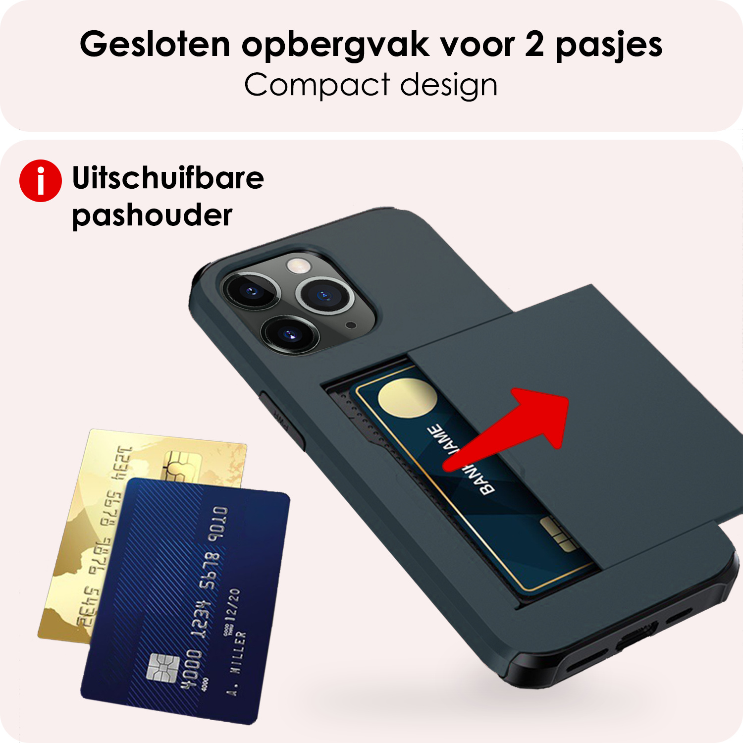 NoXx Hoes Geschikt voor iPhone 11 Pro Hoesje Pasjeshouder Hard Cover Met Screenprotector Shock Proof Hard Case Hoes Met Kaarthouder - Donker Blauw