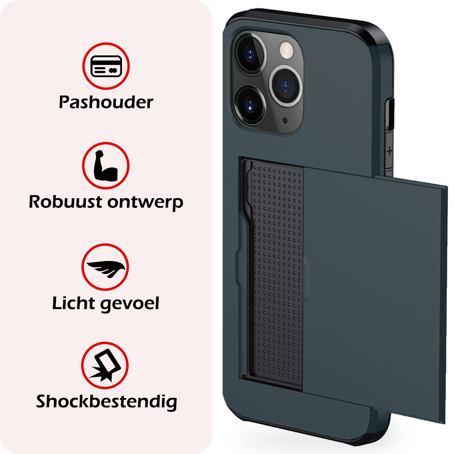 NoXx Hoes Geschikt voor iPhone 11 Pro Hoesje Pasjeshouder Hard Cover Met Screenprotector Shock Proof Hard Case Hoes Met Kaarthouder - Donker Blauw